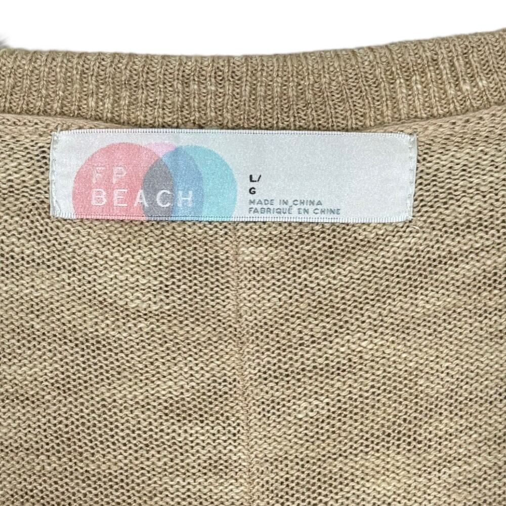 Free People Beach Long Slub Knit Cardigan Sweater Large Tan Boho Casual Belted - Picture 6 of 7